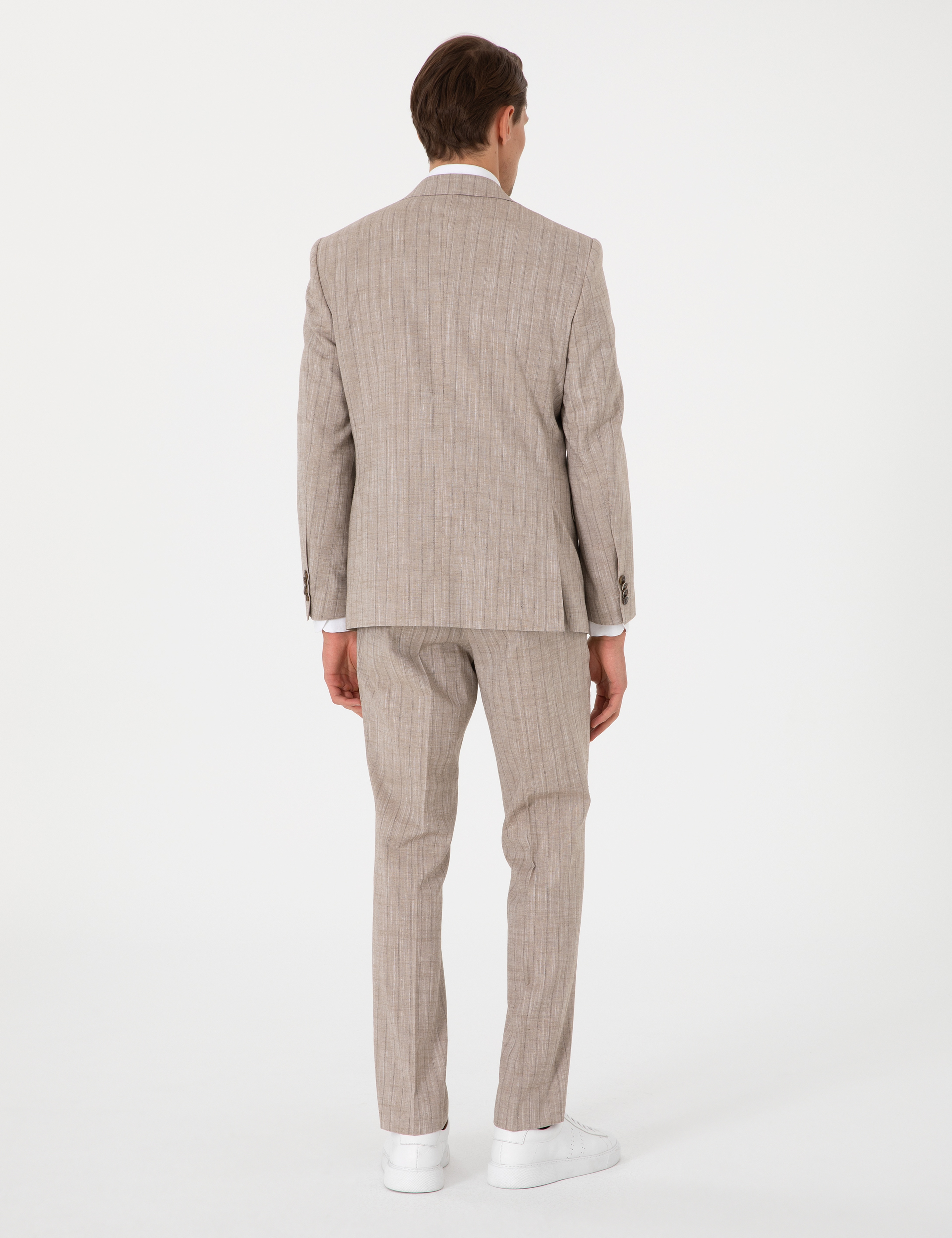 Açık Kahverengi Slim Fit Yün Keten Karışımlı Çizgili Takım Elbise