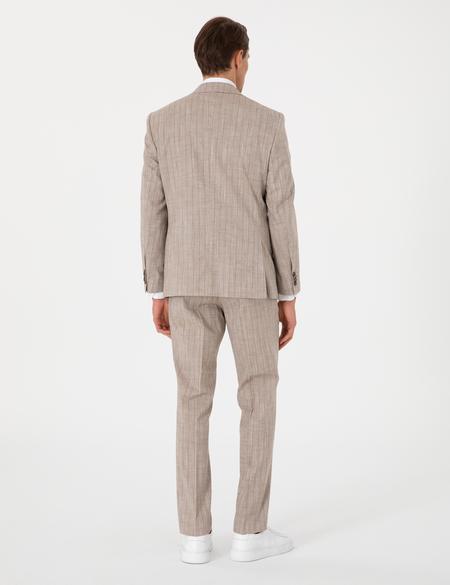 Açık Kahverengi Slim Fit Yün Keten Karışımlı Çizgili Takım Elbise - 50302403008