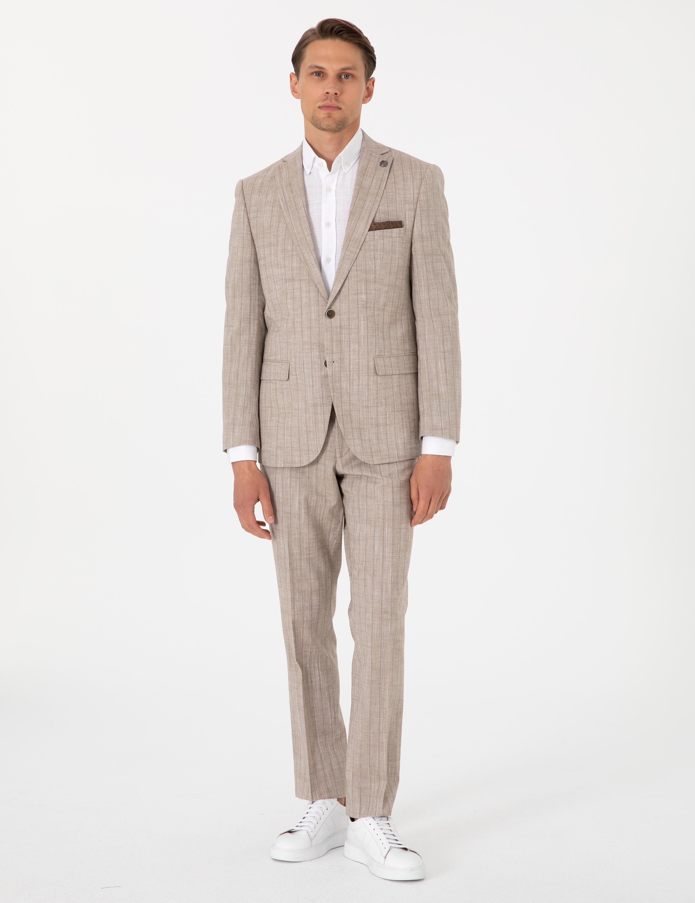 Açık Kahverengi Slim Fit Yün Keten Karışımlı Çizgili Takım Elbise