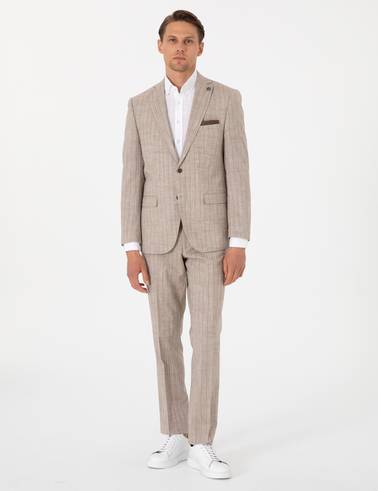 Açık Kahverengi Slim Fit Yün Keten Karışımlı Çizgili Takım Elbise