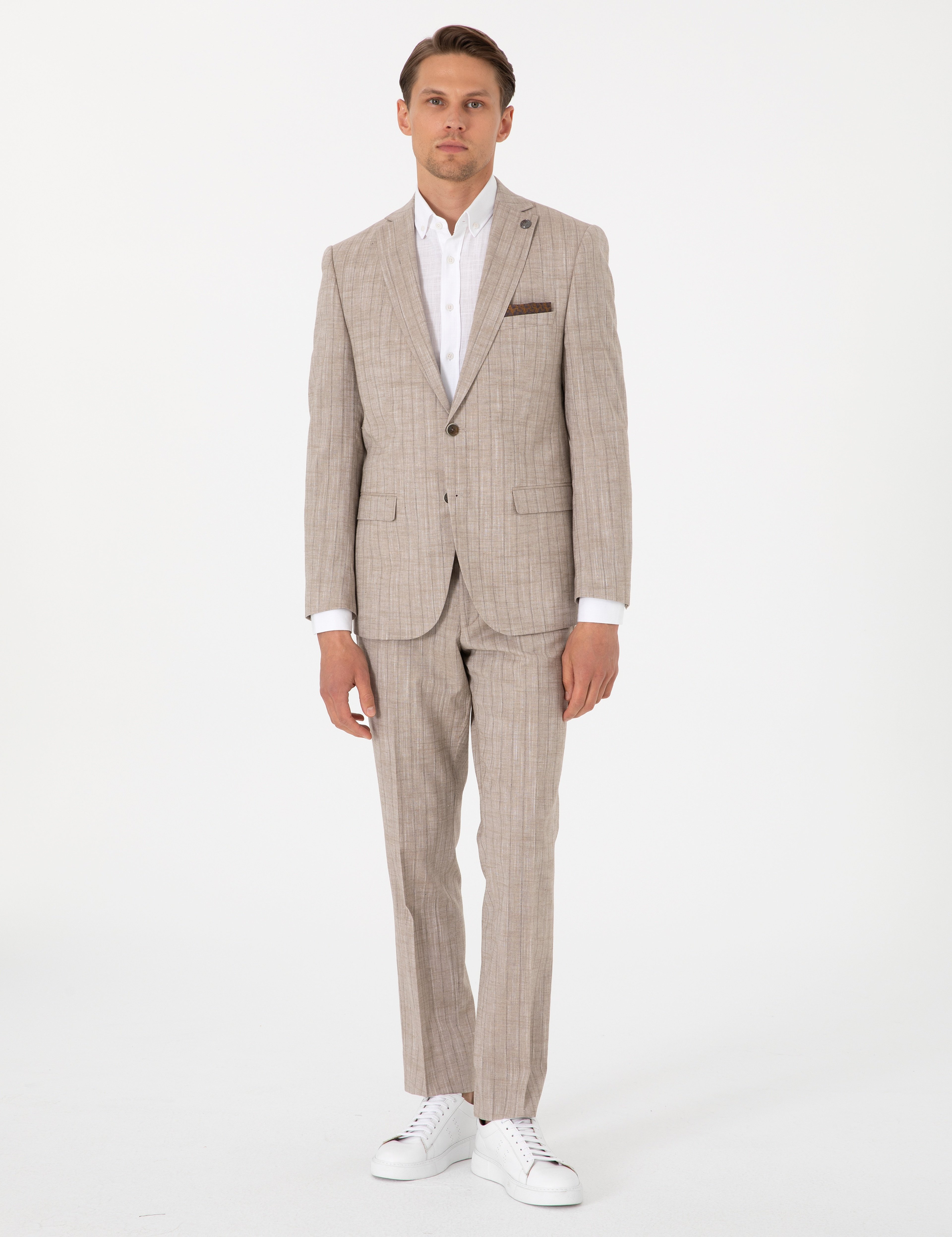 Açık Kahverengi Slim Fit Yün Keten Karışımlı Çizgili Takım Elbise