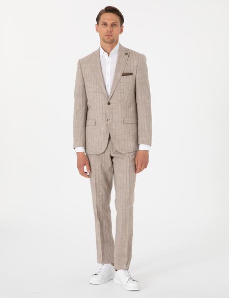 Açık Kahverengi Slim Fit Yün Keten Karışımlı Çizgili Takım Elbise - 50302403008