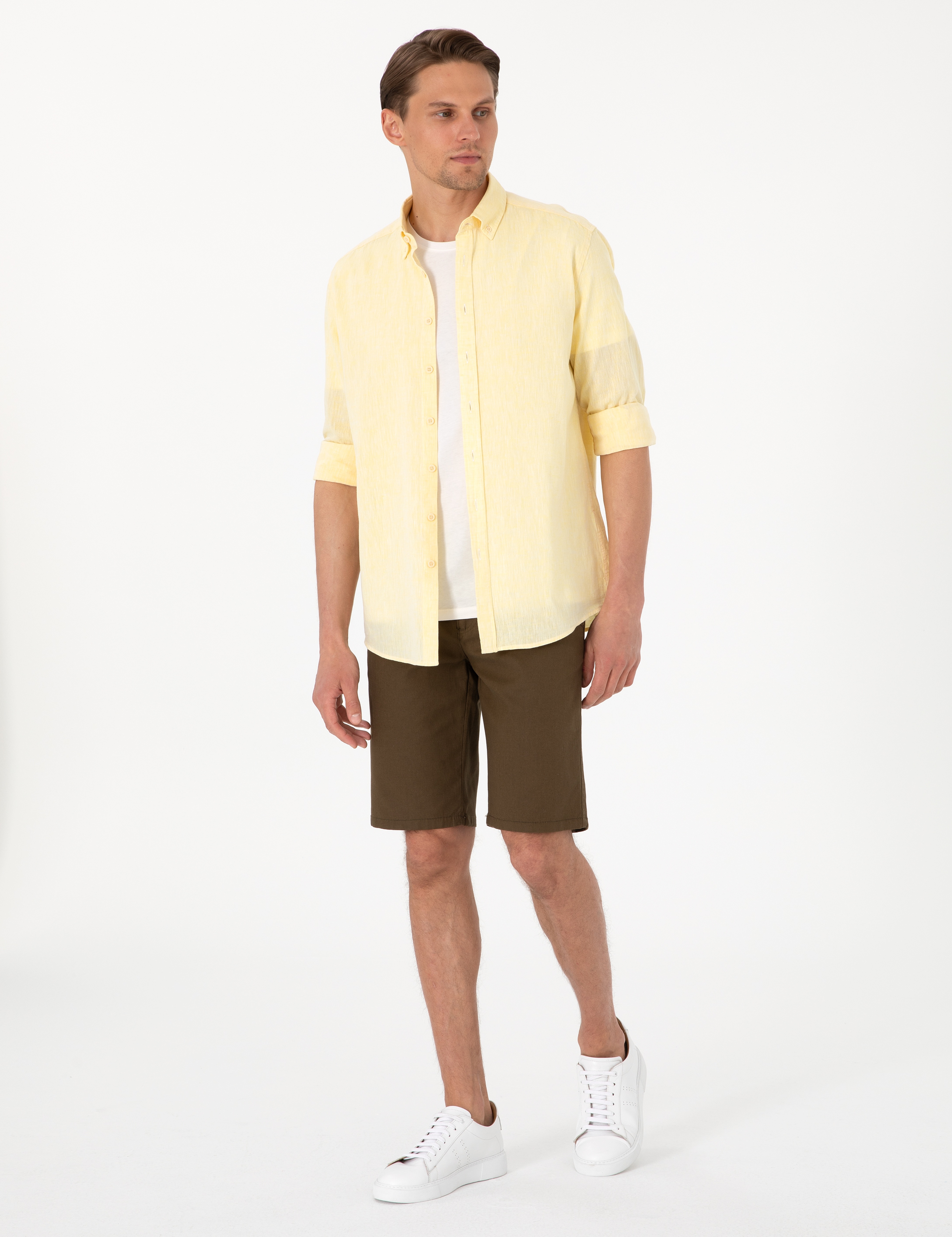 Sarı Keten Karışımlı Regular Fit Uzun Kollu Gömlek - Image 4