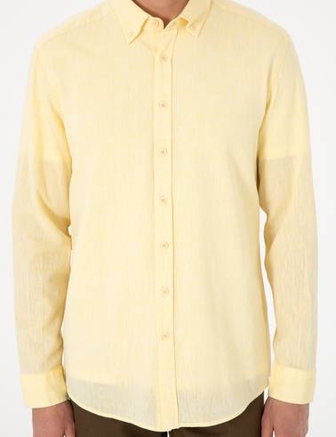 Sarı Keten Karışımlı Regular Fit Uzun Kollu Gömlek