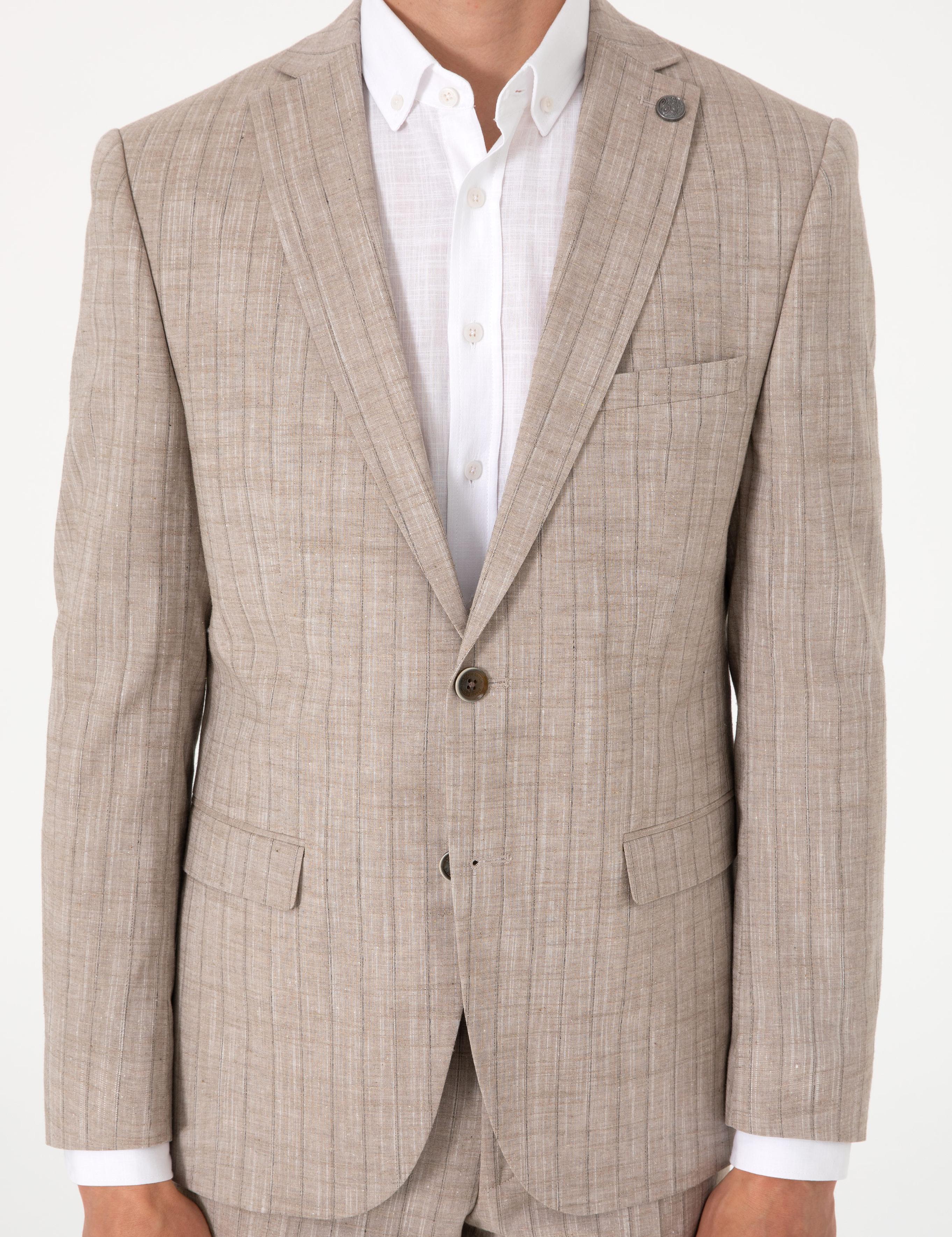 Açık Kahverengi Slim Fit Yün Keten Karışımlı Çizgili Takım Elbise