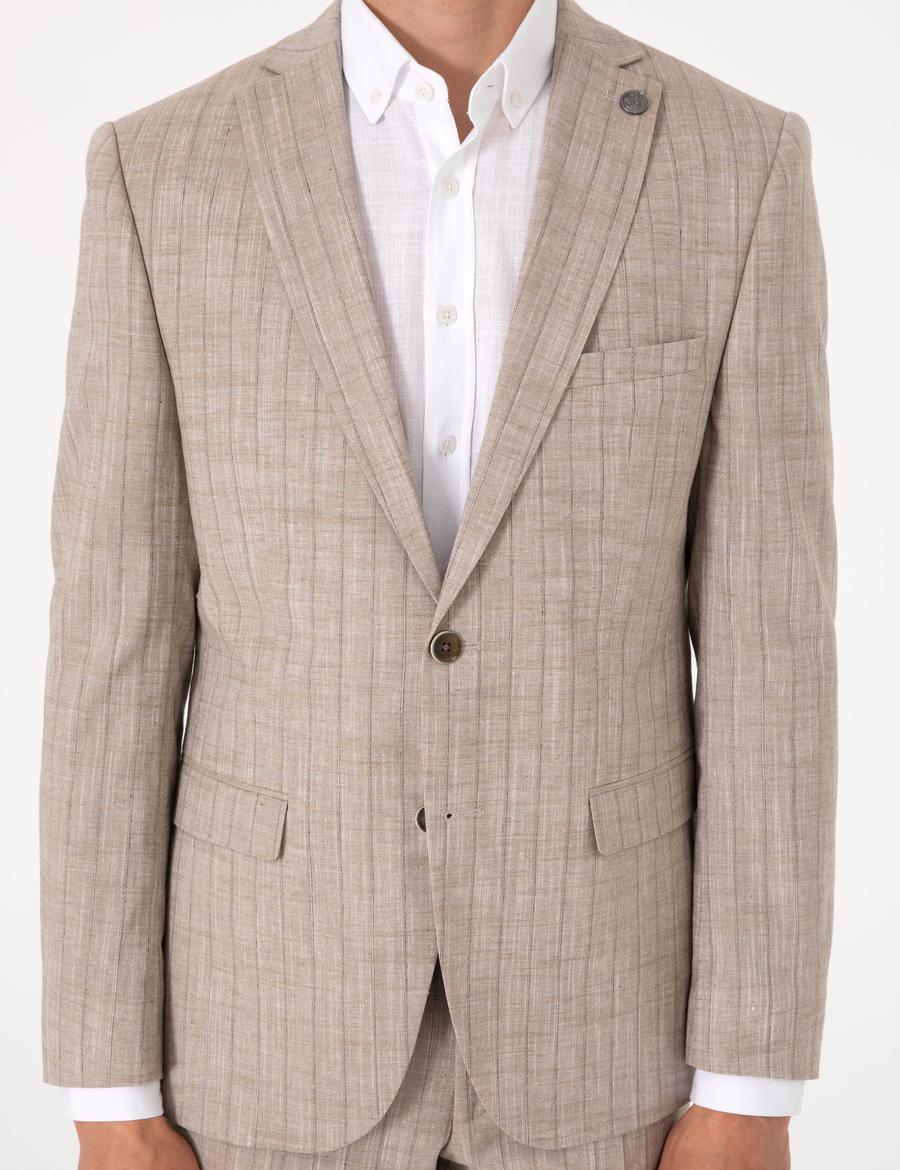 Açık Kahverengi Slim Fit Yün Keten Karışımlı Çizgili Takım Elbise