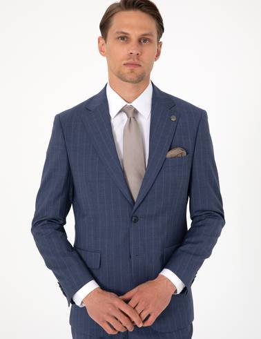 Koyu Mavi Slim Fit Çizgili Yün Takım Elbise