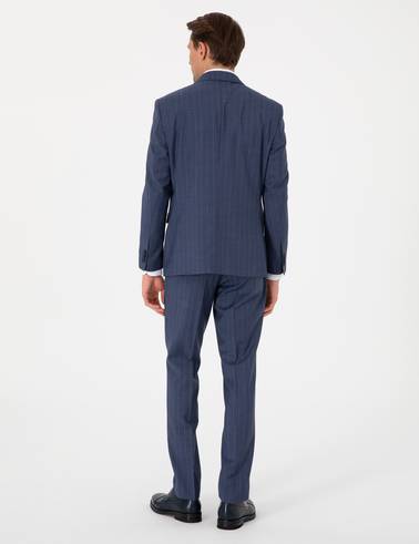 Koyu Mavi Slim Fit Çizgili Yün Takım Elbise
