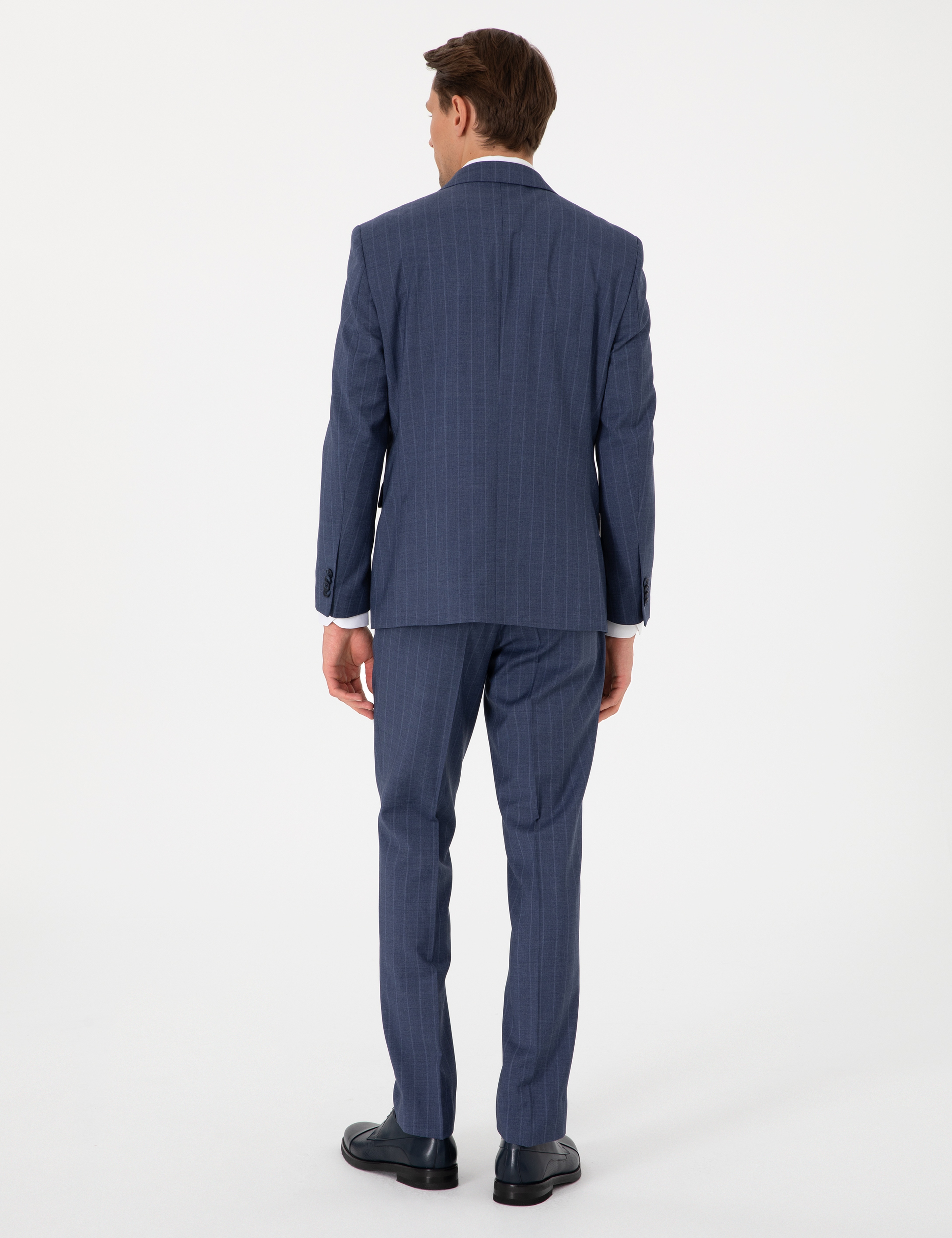 Koyu Mavi Slim Fit Çizgili Yün Takım Elbise - Image 5