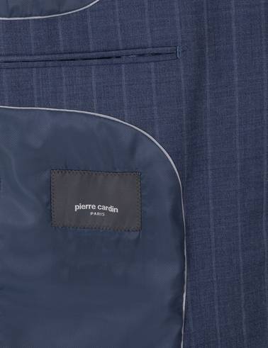 Koyu Mavi Slim Fit Çizgili Yün Takım Elbise