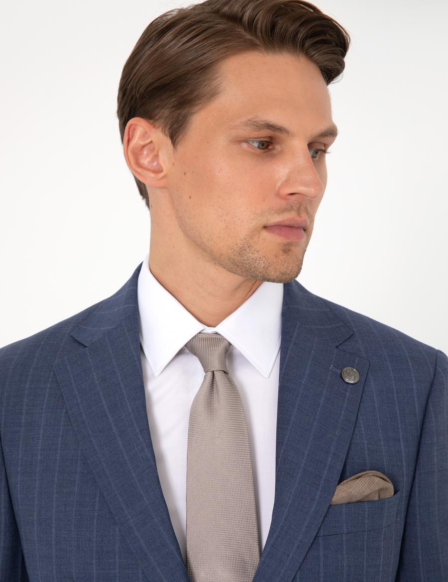 Koyu Mavi Slim Fit Çizgili Yün Takım Elbise