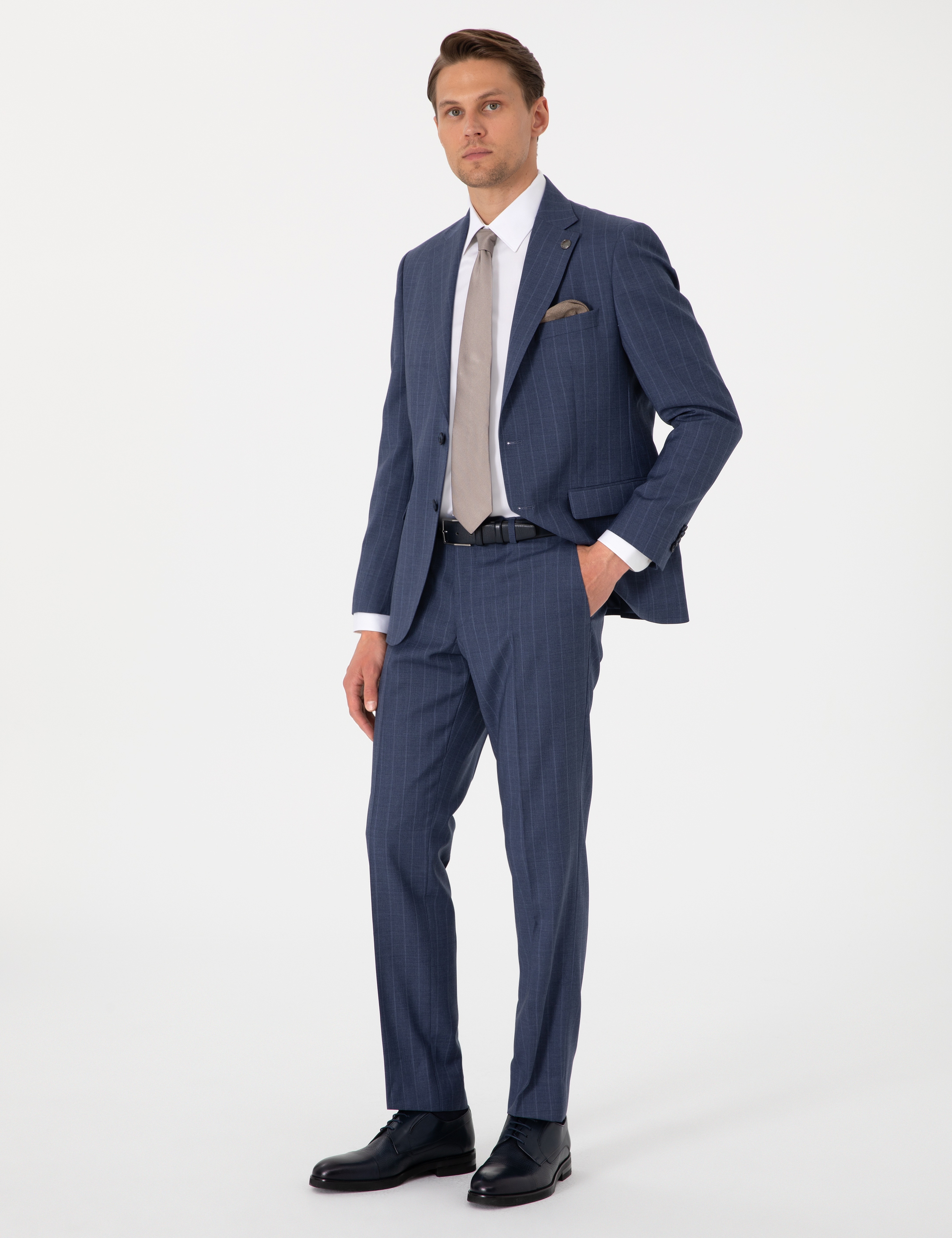 Koyu Mavi Slim Fit Çizgili Yün Takım Elbise
