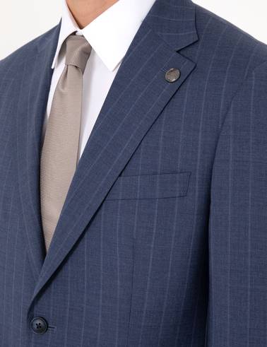 Koyu Mavi Slim Fit Çizgili Yün Takım Elbise