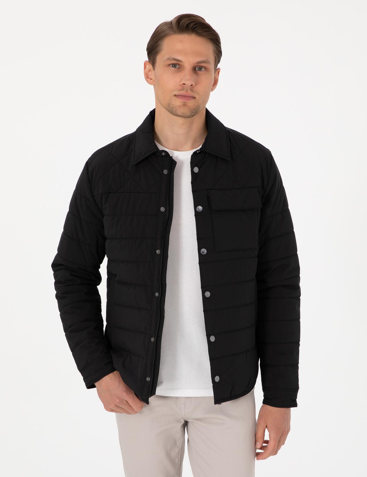 Siyah Gömlek Yaka Kapitone Mont