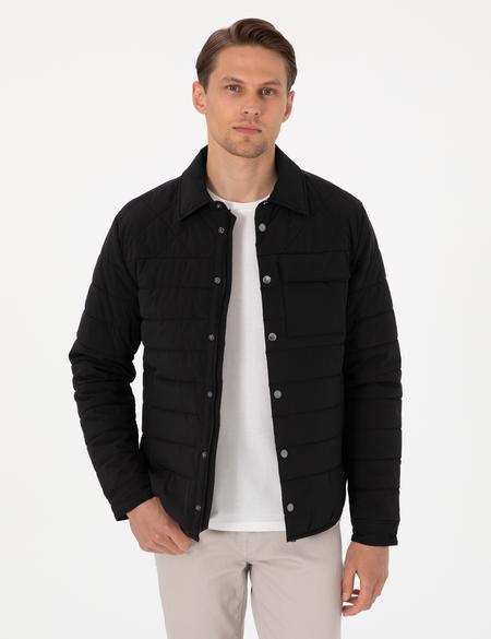 Siyah Gömlek Yaka Kapitone Mont - 50305698004