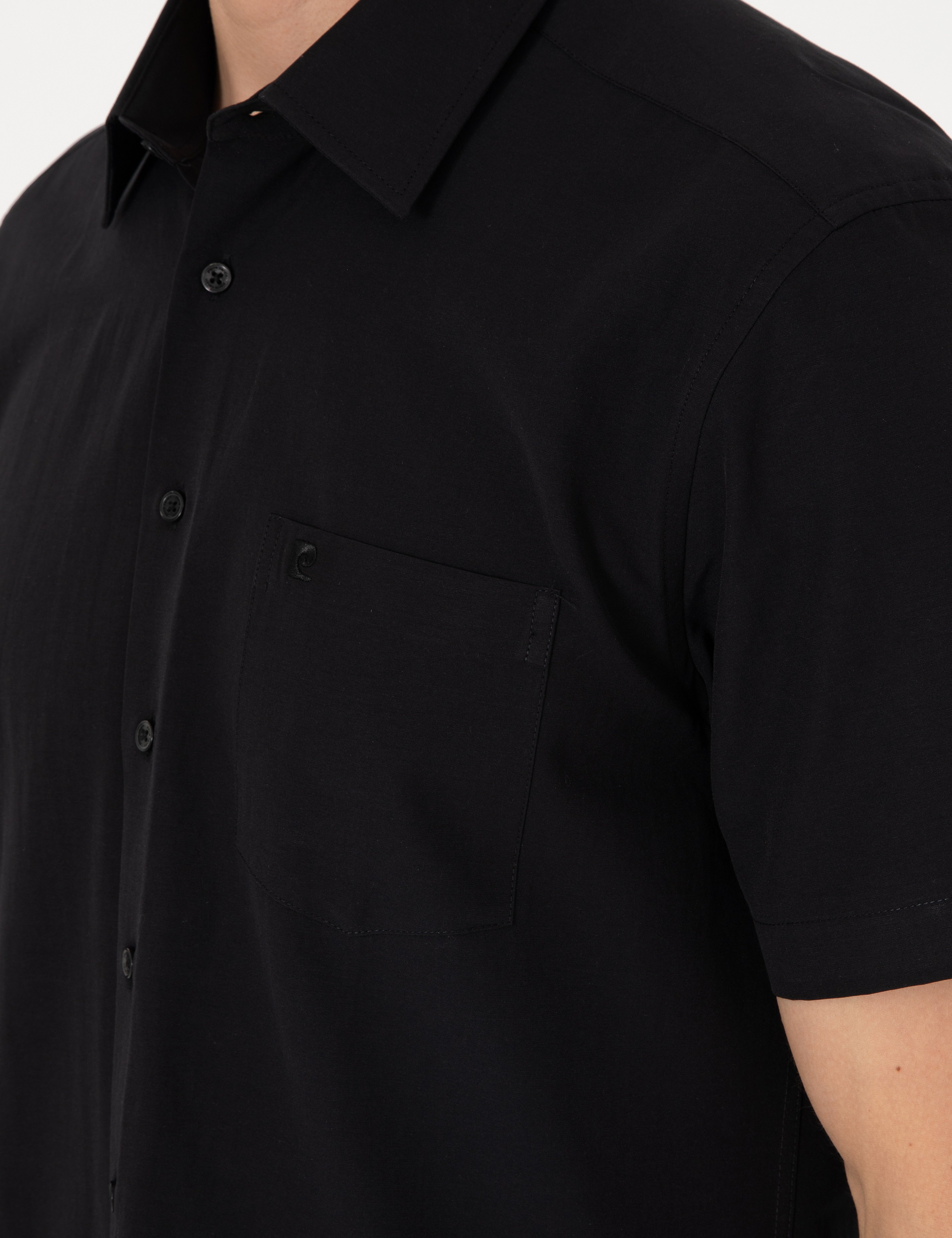 Siyah Basic Regular Fit Kısa Kollu Cepli Gömlek - Image 7