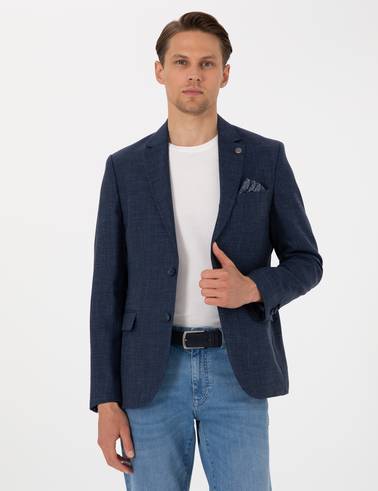 Lacivert Slim Fit Yün Keten Karışımlı Ceket