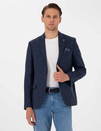 Lacivert Slim Fit Yün Keten Karışımlı Ceket