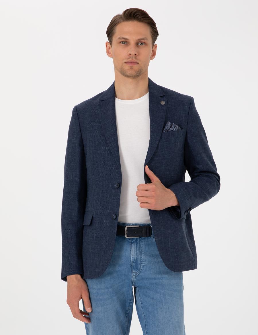 Lacivert Slim Fit Yün Keten Karışımlı Ceket