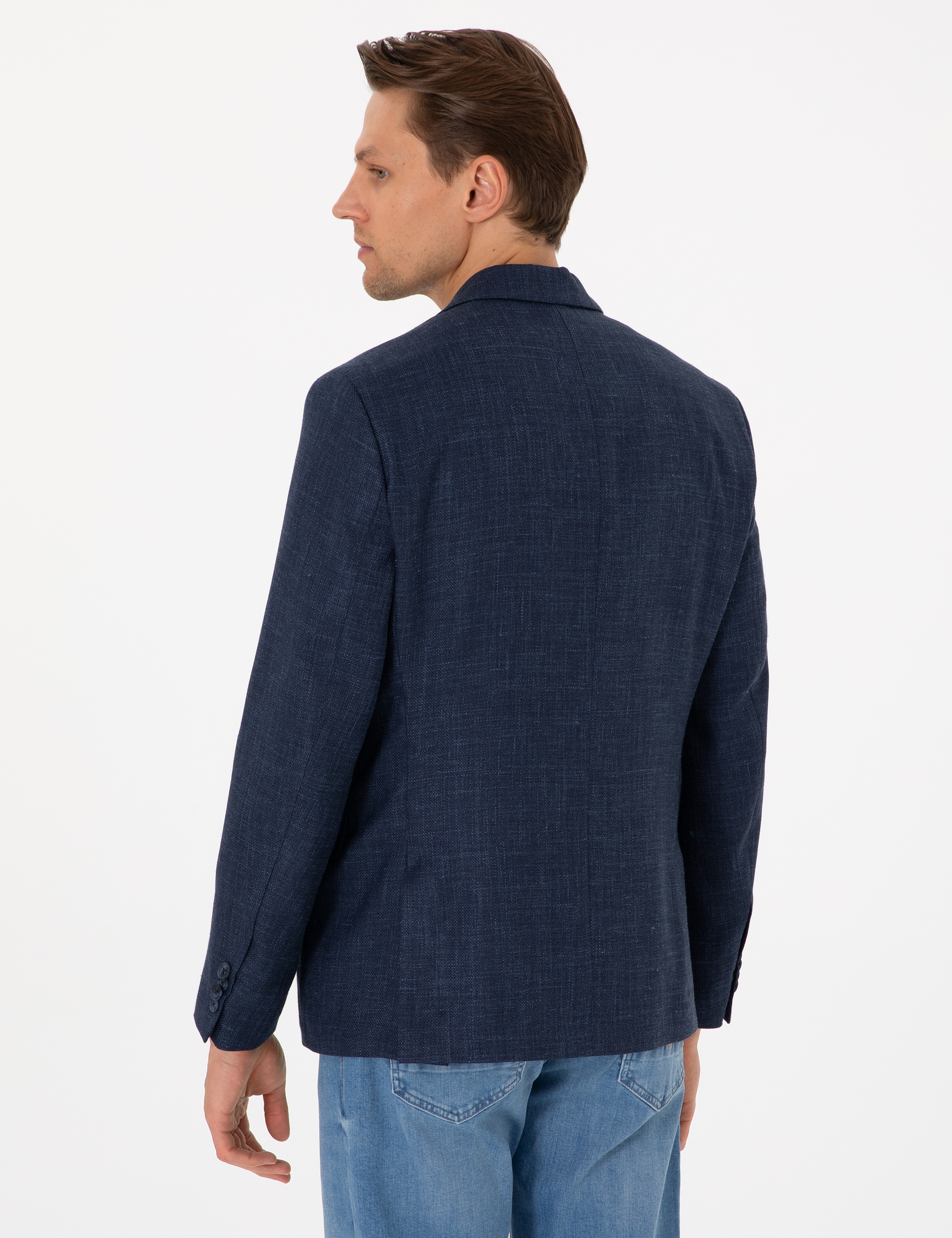 Lacivert Slim Fit Yün Keten Karışımlı Ceket