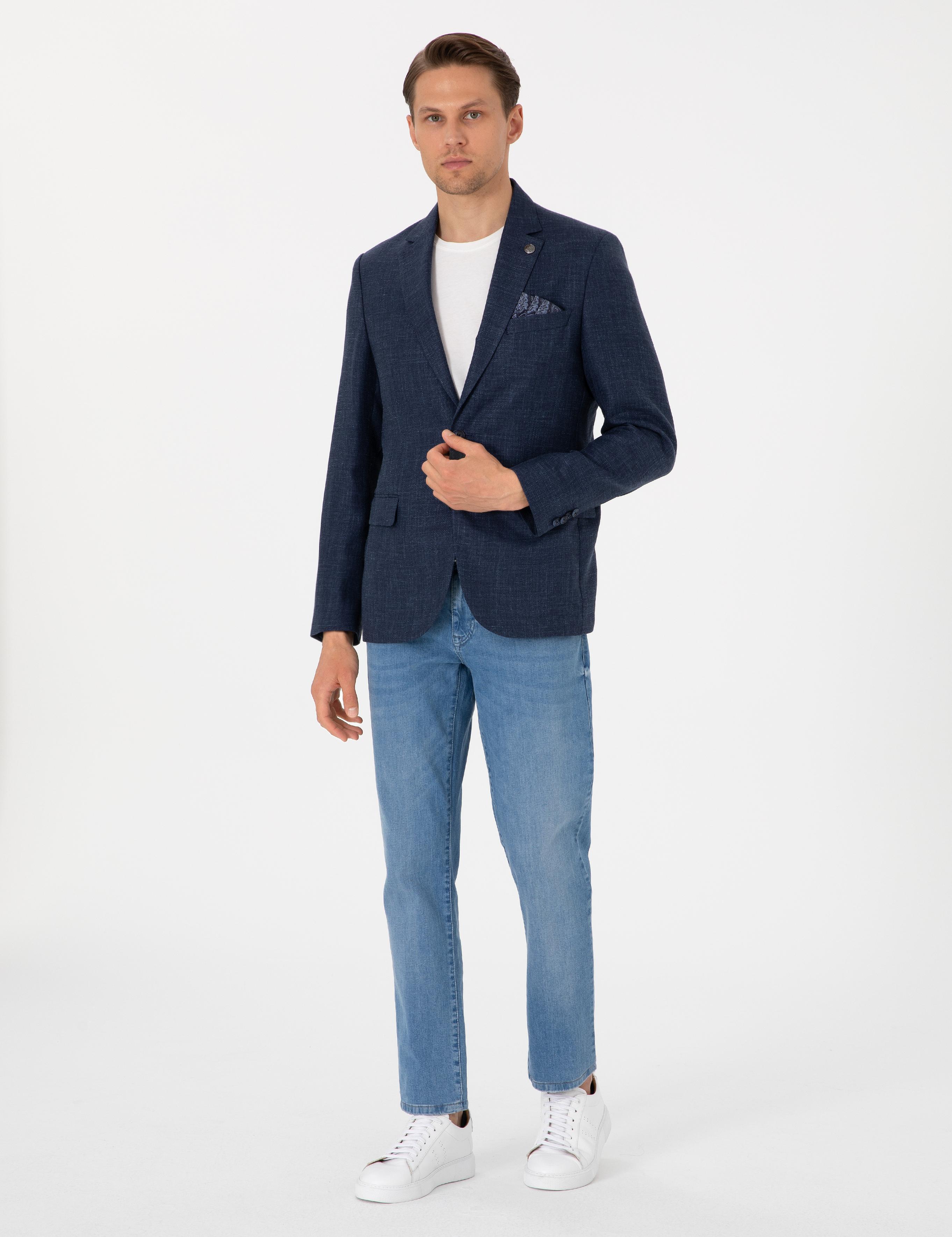 Lacivert Slim Fit Yün Keten Karışımlı Ceket