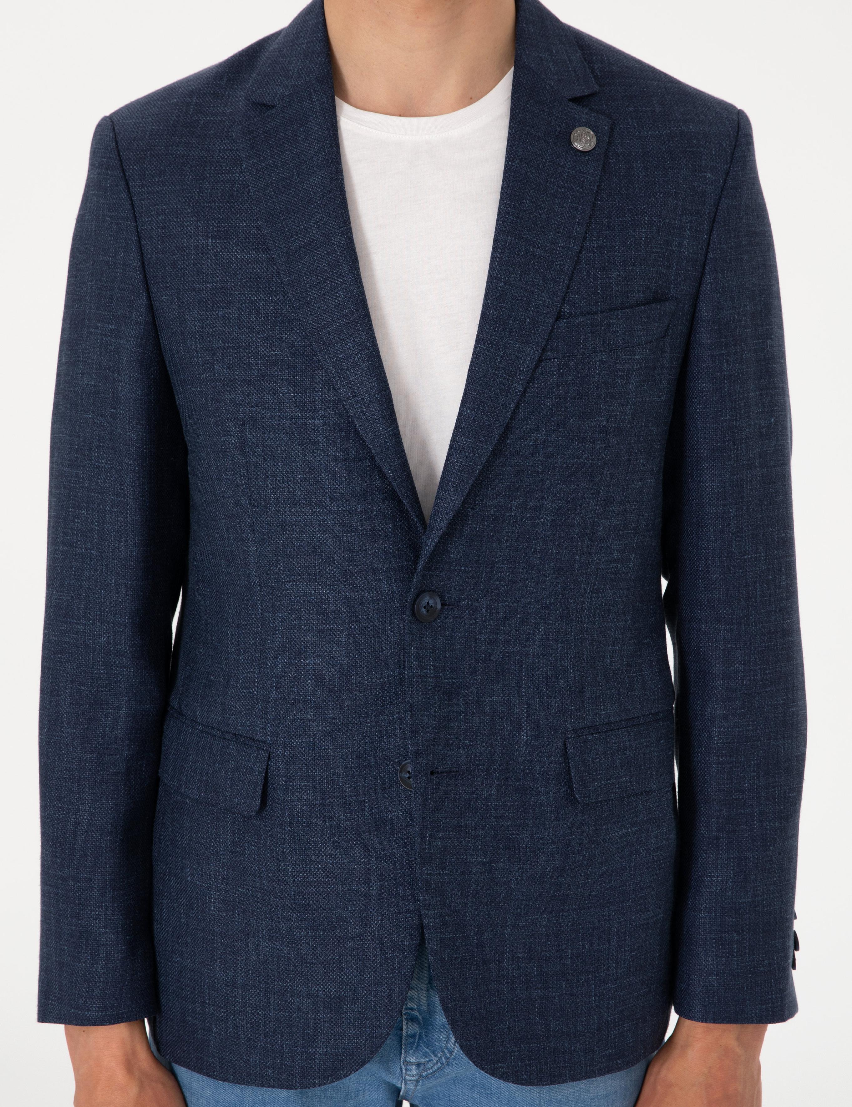 Lacivert Slim Fit Yün Keten Karışımlı Ceket