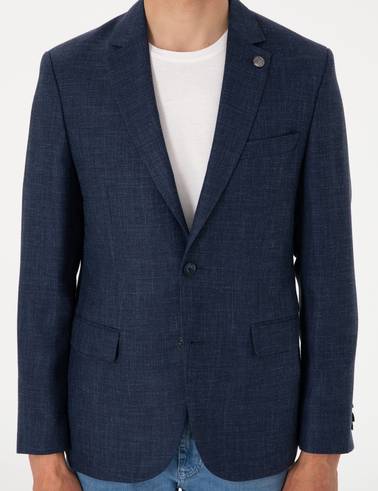 Lacivert Slim Fit Yün Keten Karışımlı Ceket