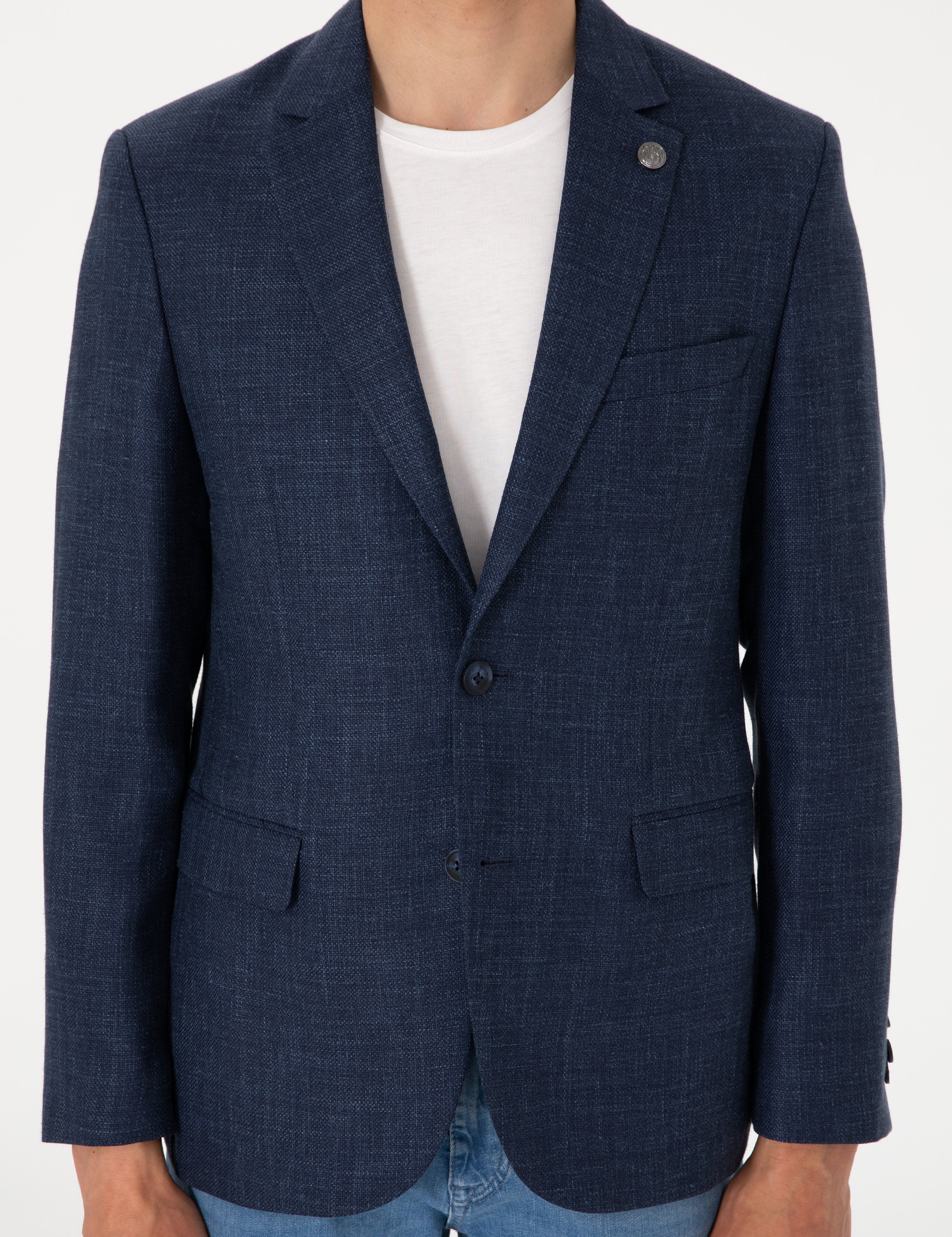 Lacivert Slim Fit Yün Keten Karışımlı Ceket - Image 7