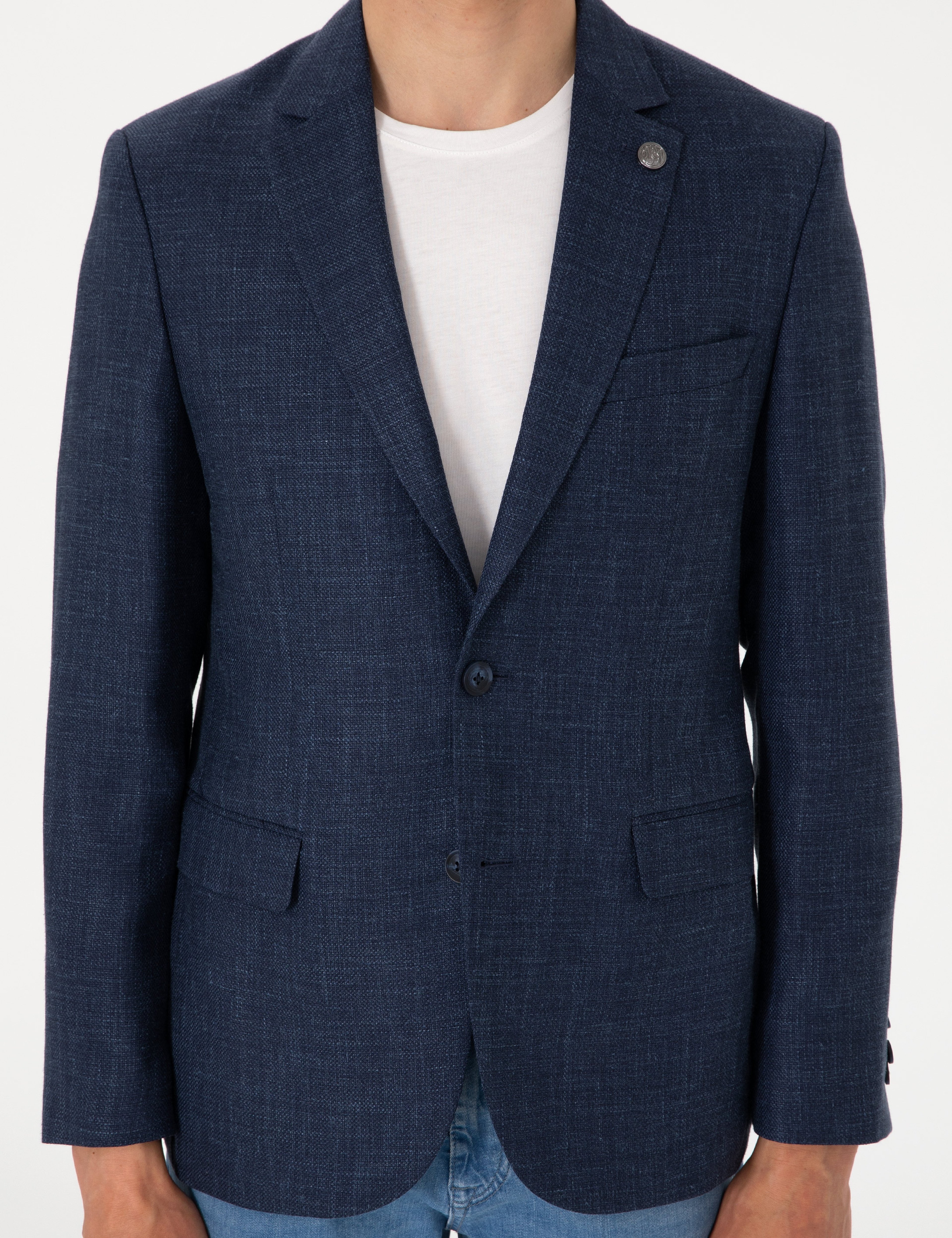 Lacivert Slim Fit Yün Keten Karışımlı Ceket