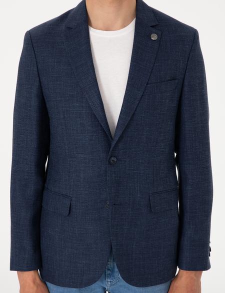 Lacivert Slim Fit Yün Keten Karışımlı Ceket - 50303655023