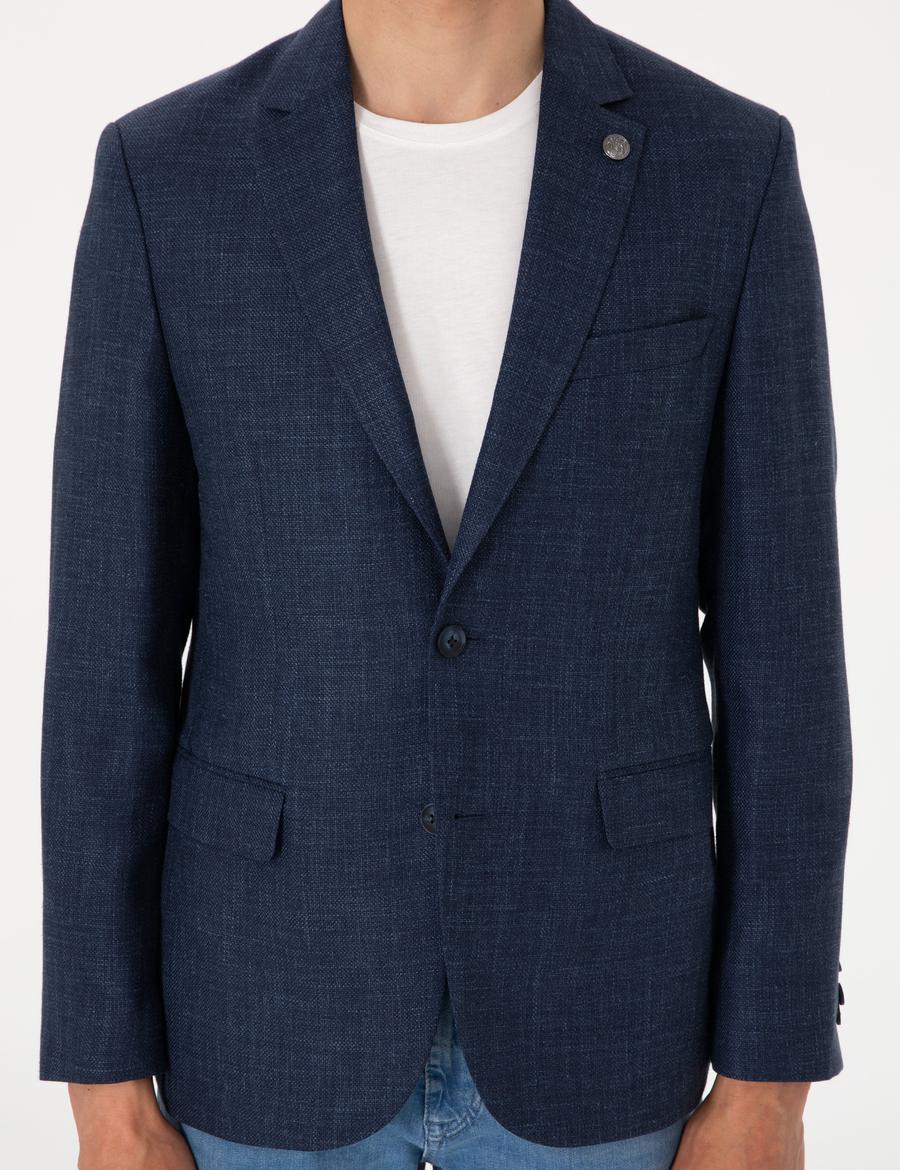 Lacivert Slim Fit Yün Keten Karışımlı Ceket