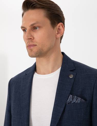 Lacivert Slim Fit Yün Keten Karışımlı Ceket