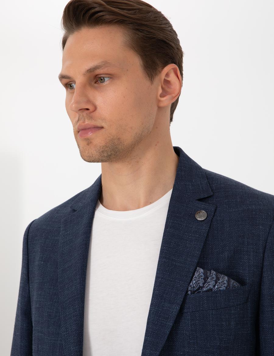 Lacivert Slim Fit Yün Keten Karışımlı Ceket