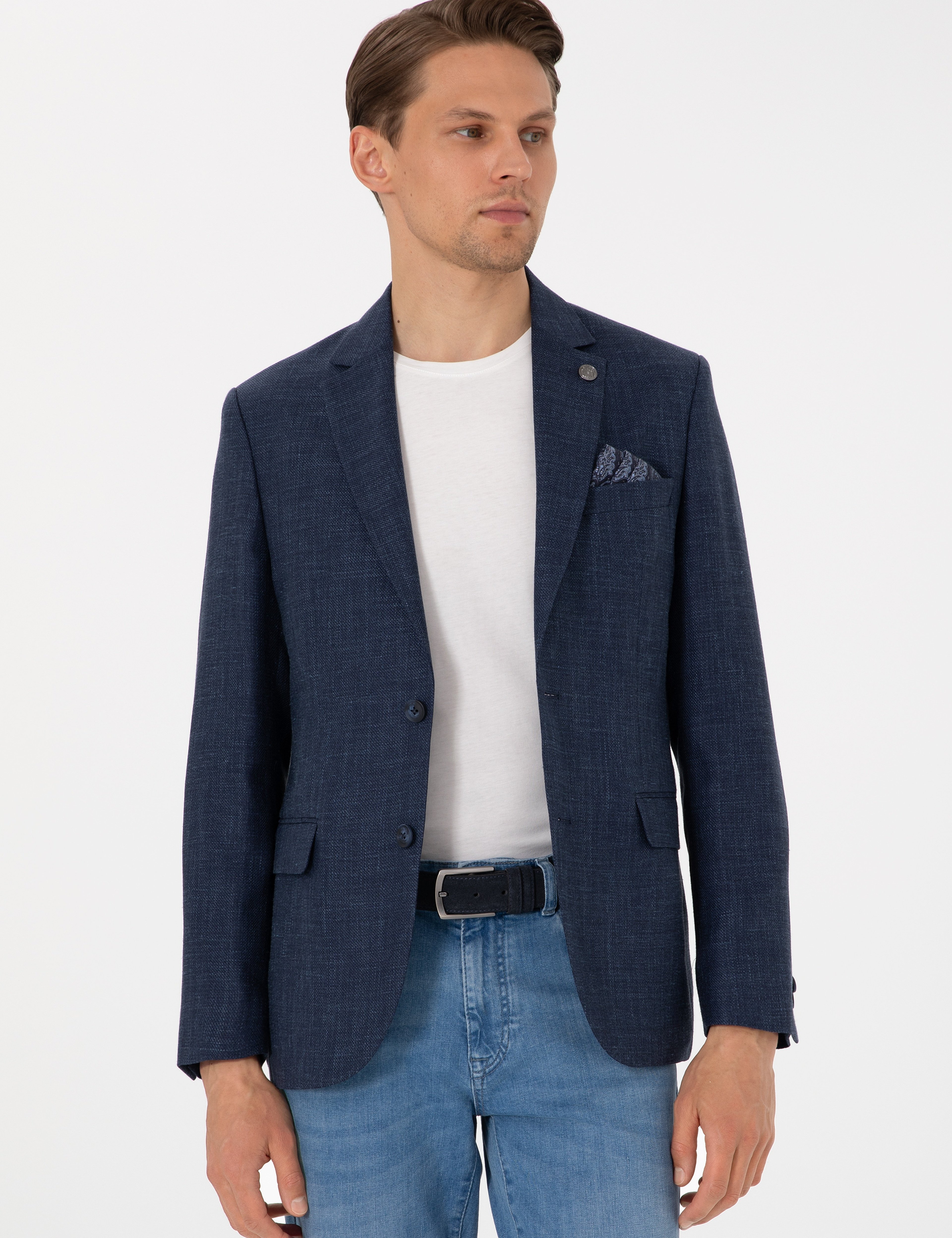 Lacivert Slim Fit Yün Keten Karışımlı Ceket