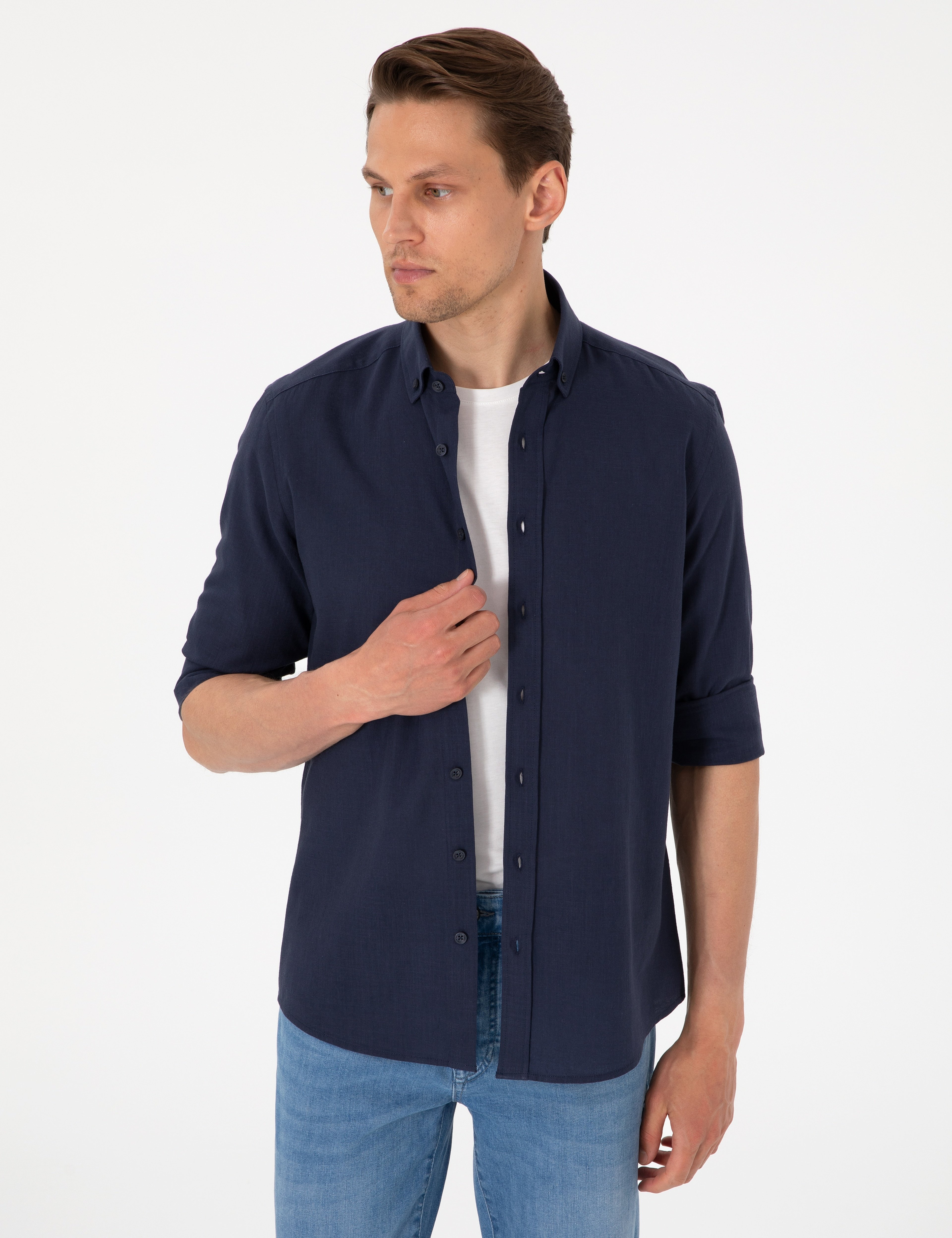 Koyu Lacivert Keten Görünümlü Slim Fit Uzun Kollu Gömlek - Image 1