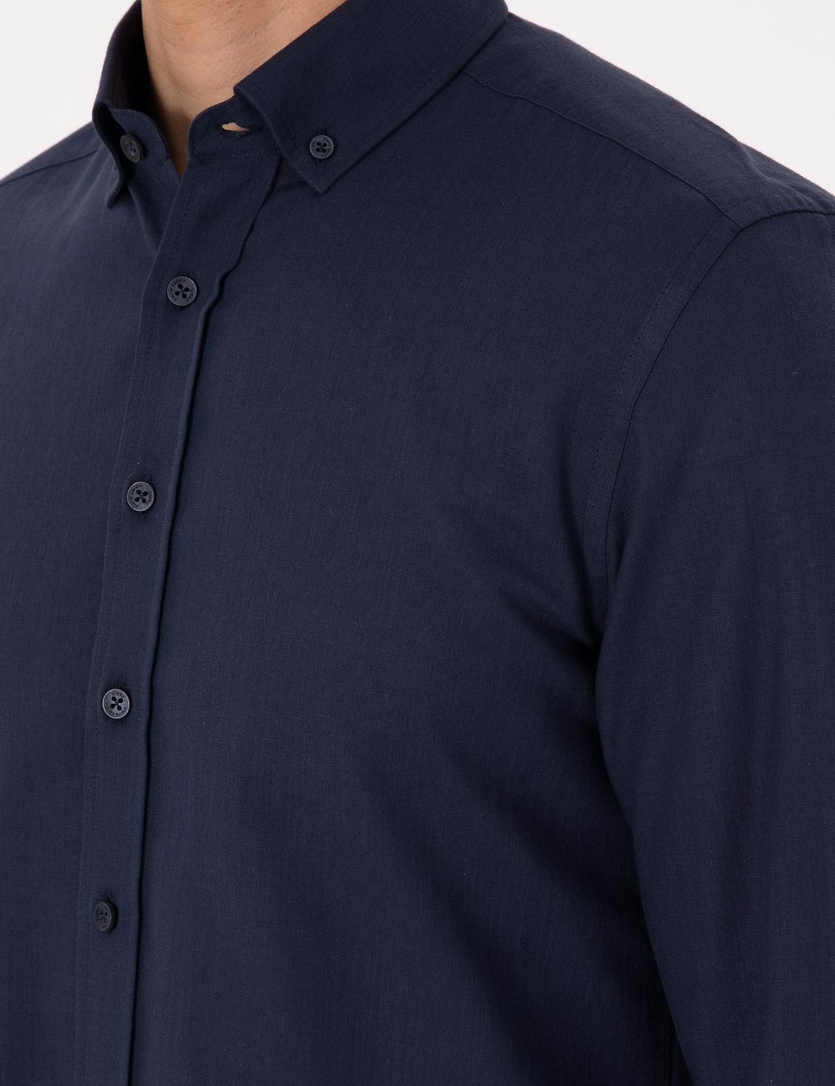 Koyu Lacivert Keten Görünümlü Slim Fit Uzun Kollu Gömlek - 50307025064