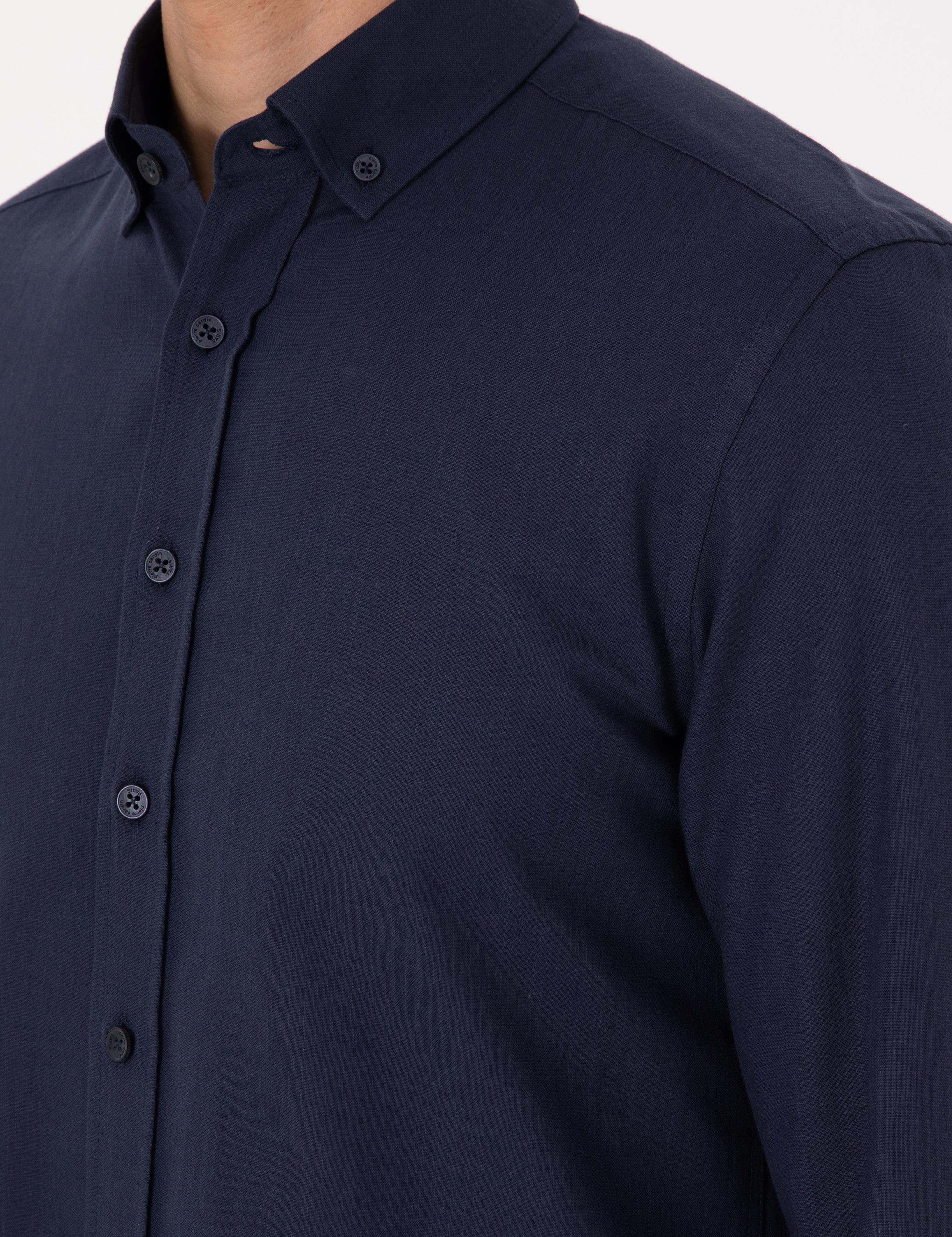 Koyu Lacivert Keten Görünümlü Slim Fit Uzun Kollu Gömlek