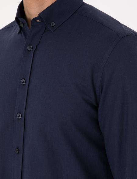 Koyu Lacivert Keten Görünümlü Slim Fit Uzun Kollu Gömlek - 50307025064