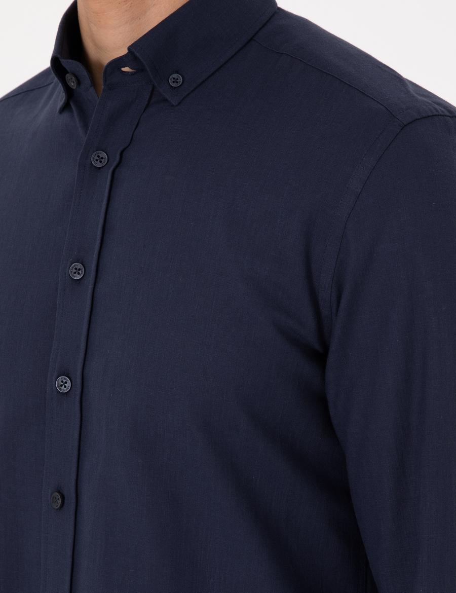 Koyu Lacivert Keten Görünümlü Slim Fit Uzun Kollu Gömlek
