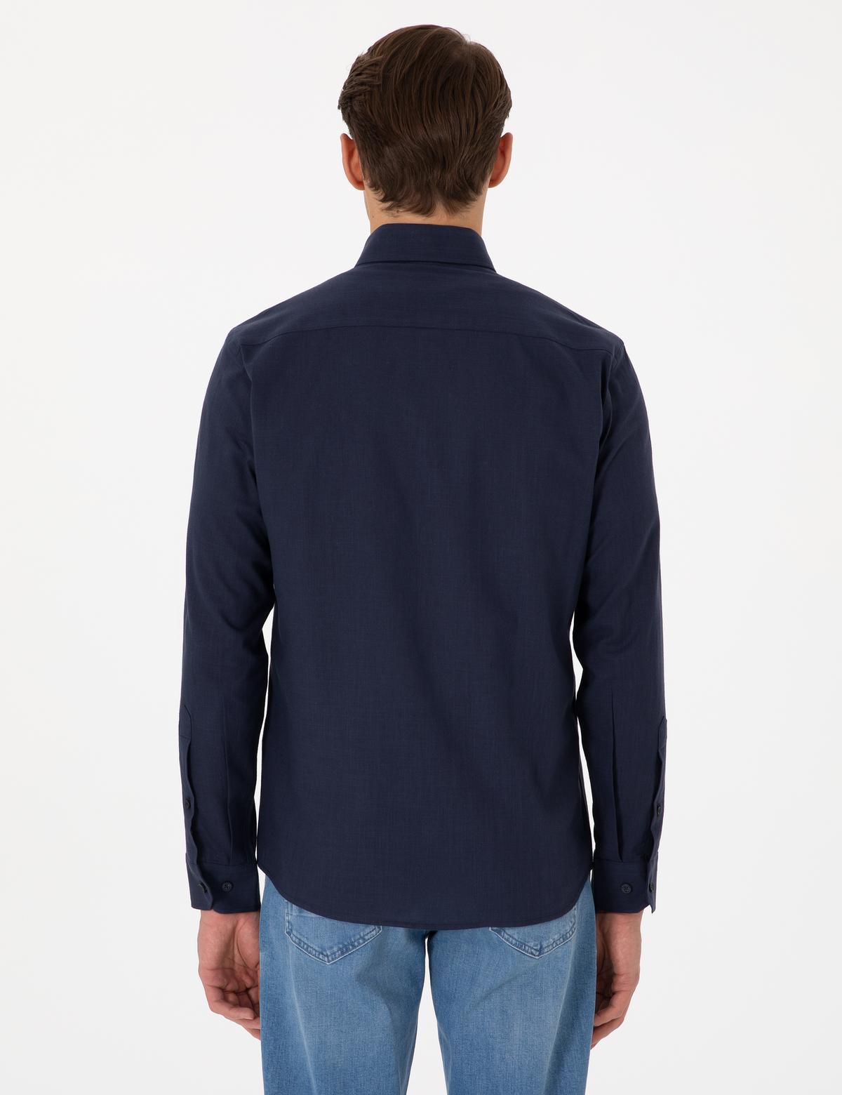 Koyu Lacivert Keten Görünümlü Slim Fit Uzun Kollu Gömlek - 50307025064