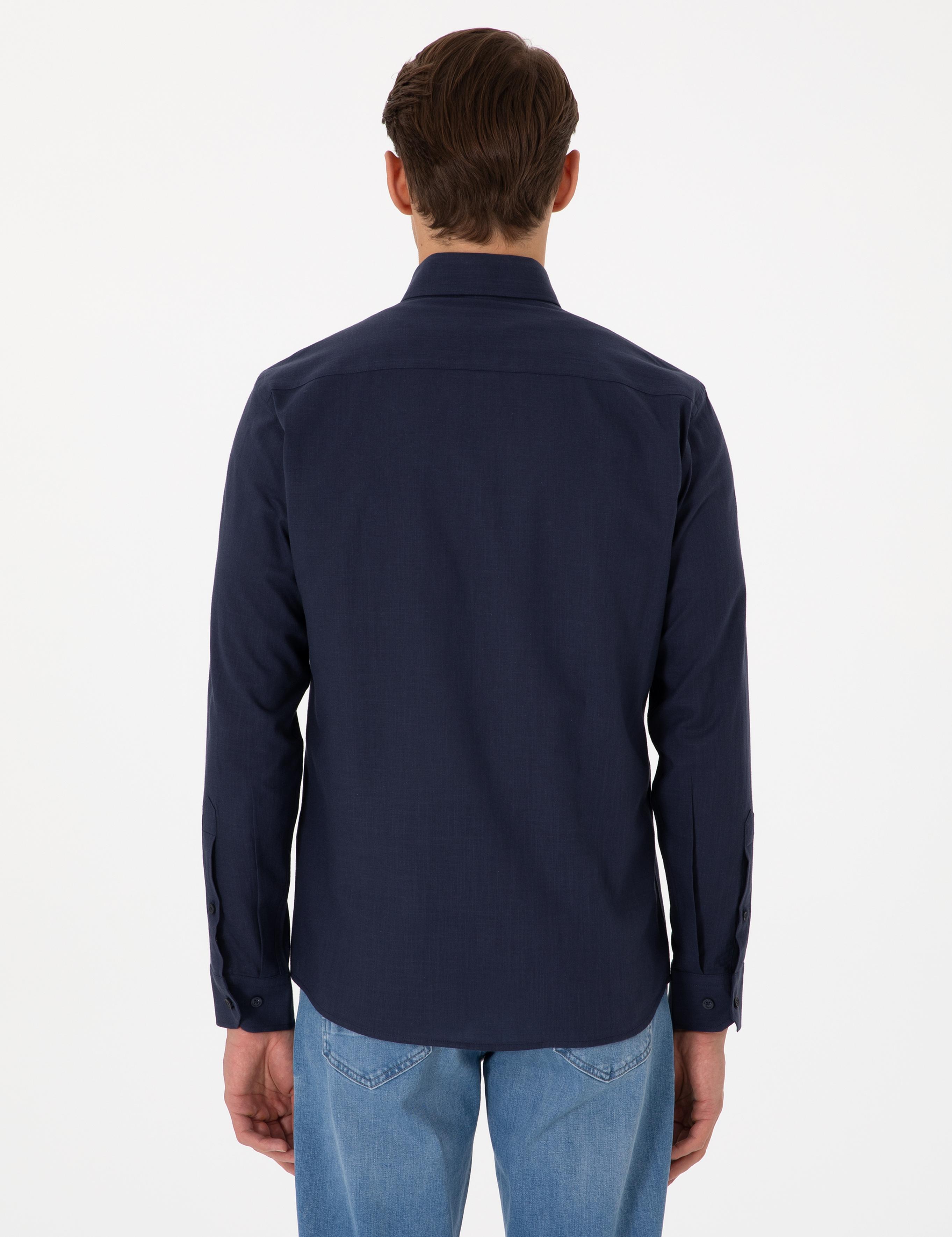 Koyu Lacivert Keten Görünümlü Slim Fit Uzun Kollu Gömlek