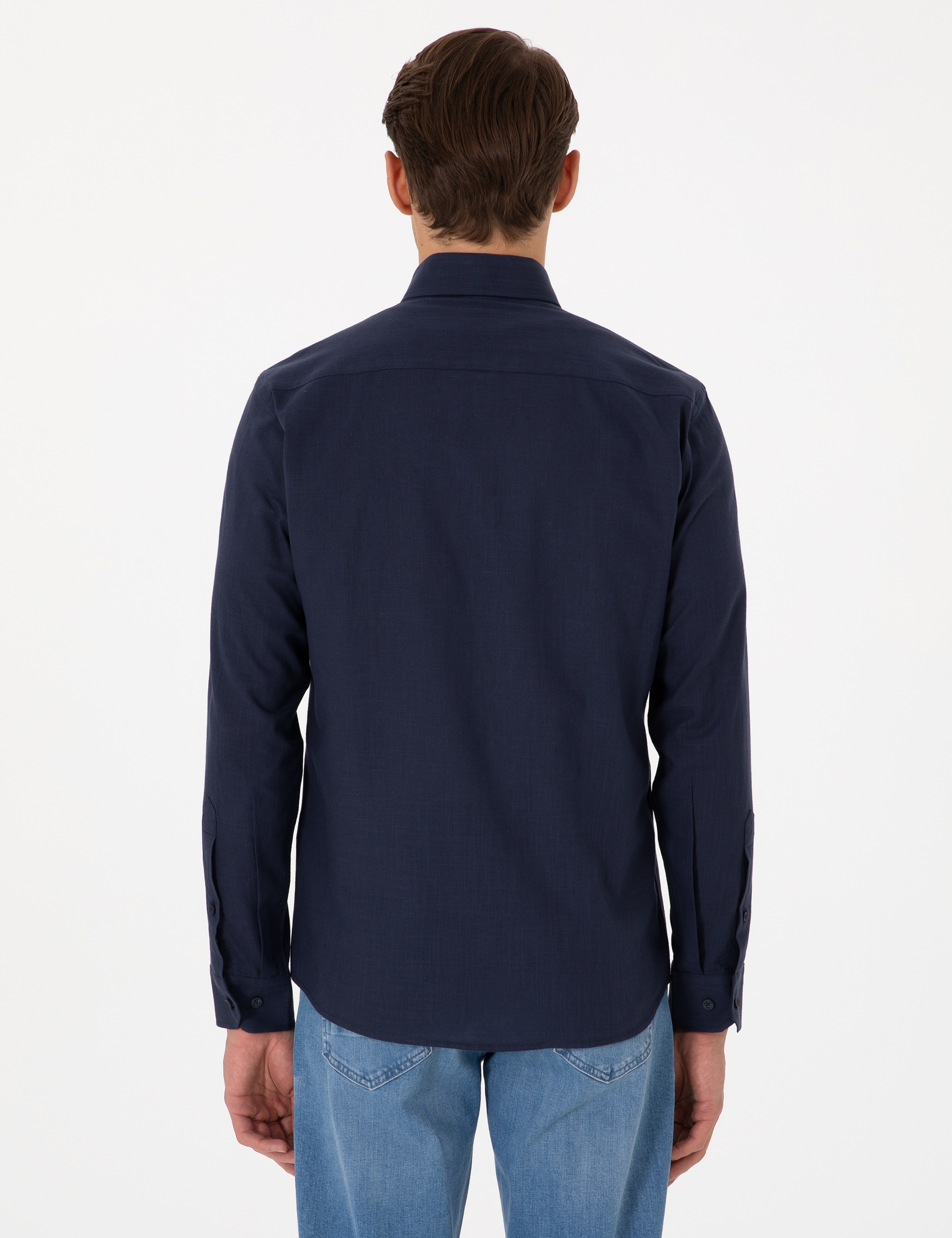 Koyu Lacivert Keten Görünümlü Slim Fit Uzun Kollu Gömlek