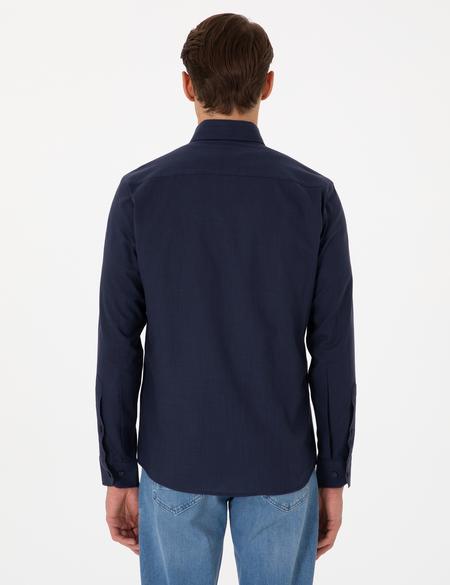 Koyu Lacivert Keten Görünümlü Slim Fit Uzun Kollu Gömlek - 50307025064