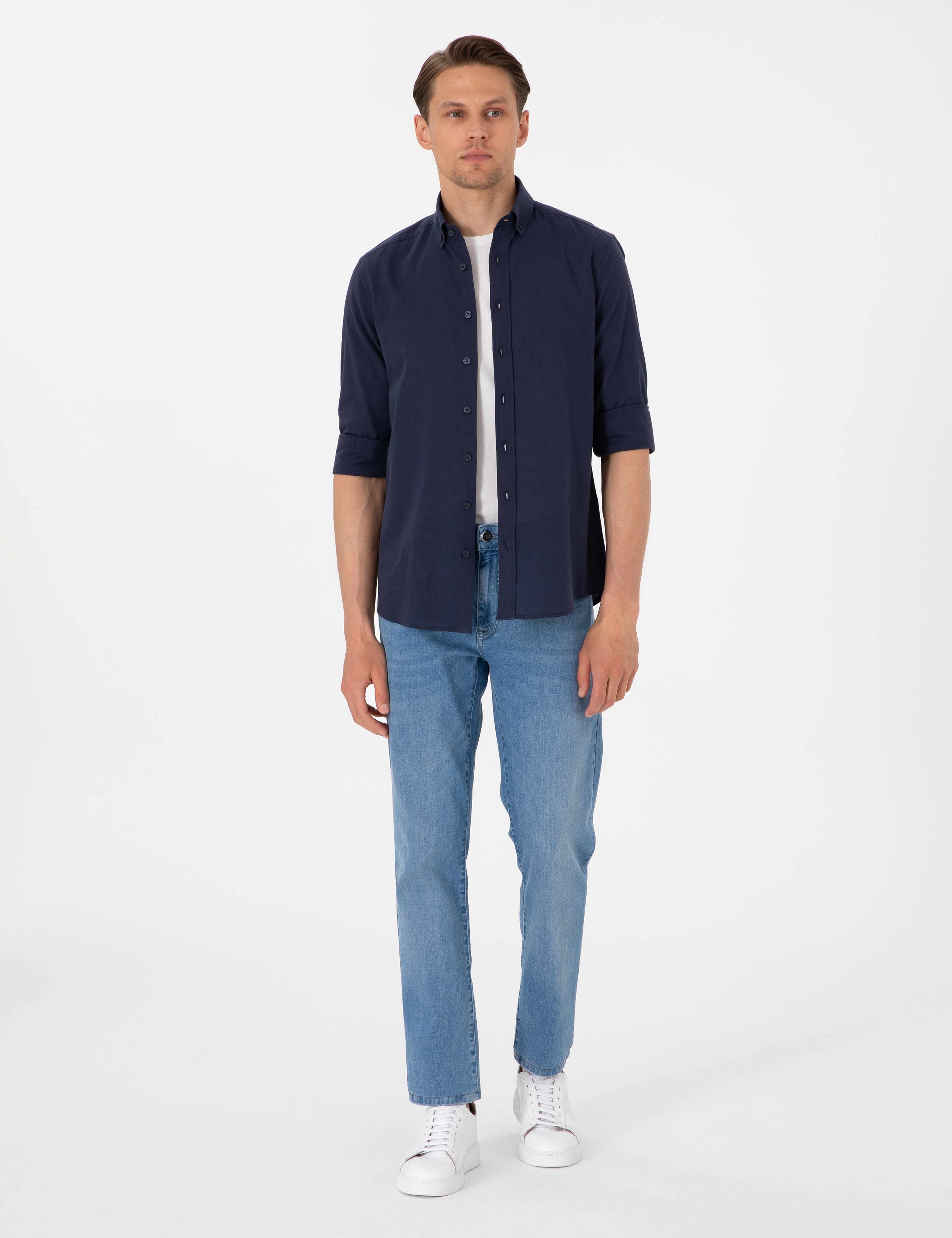 Koyu Lacivert Keten Görünümlü Slim Fit Uzun Kollu Gömlek - Image 4