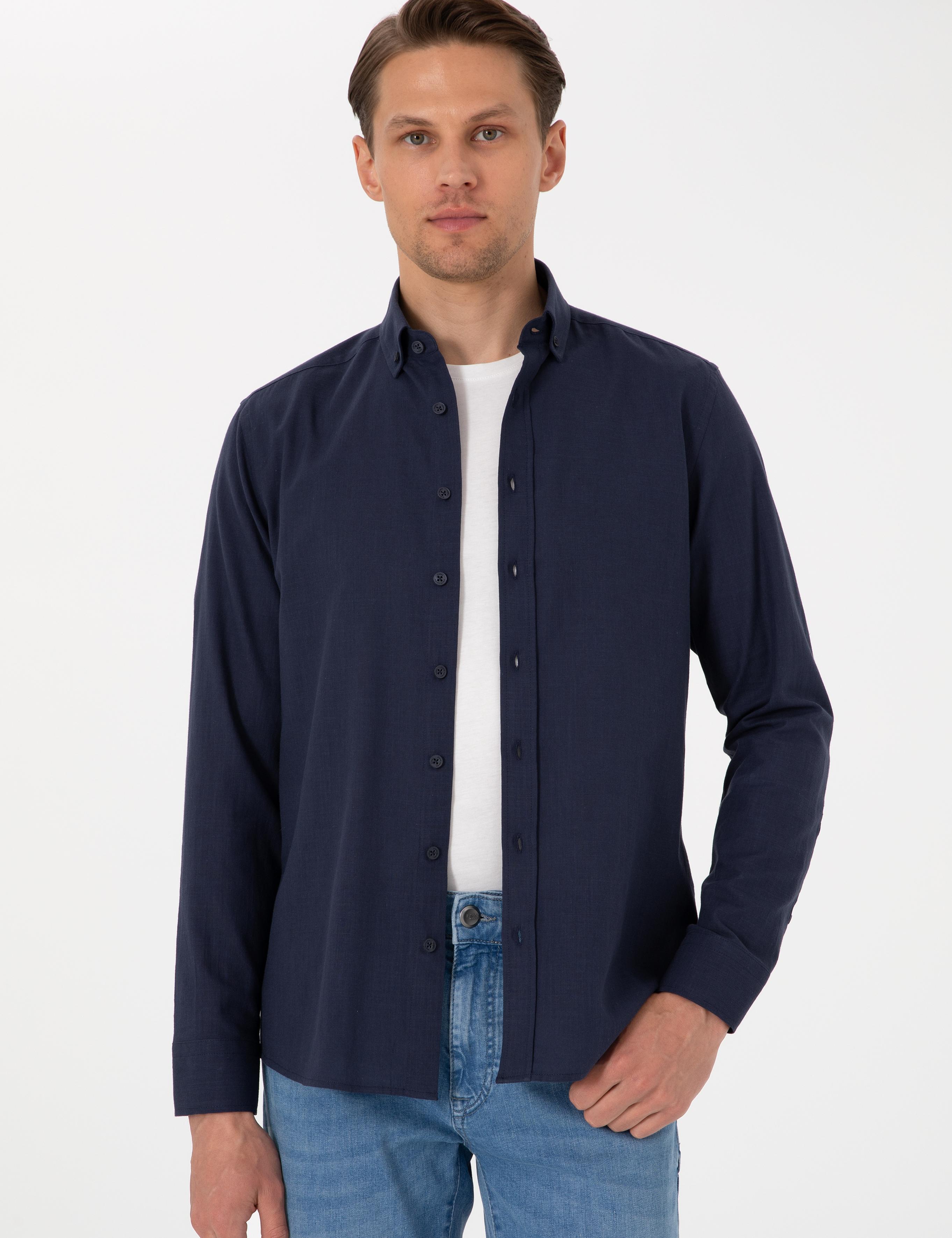 Koyu Lacivert Keten Görünümlü Slim Fit Uzun Kollu Gömlek