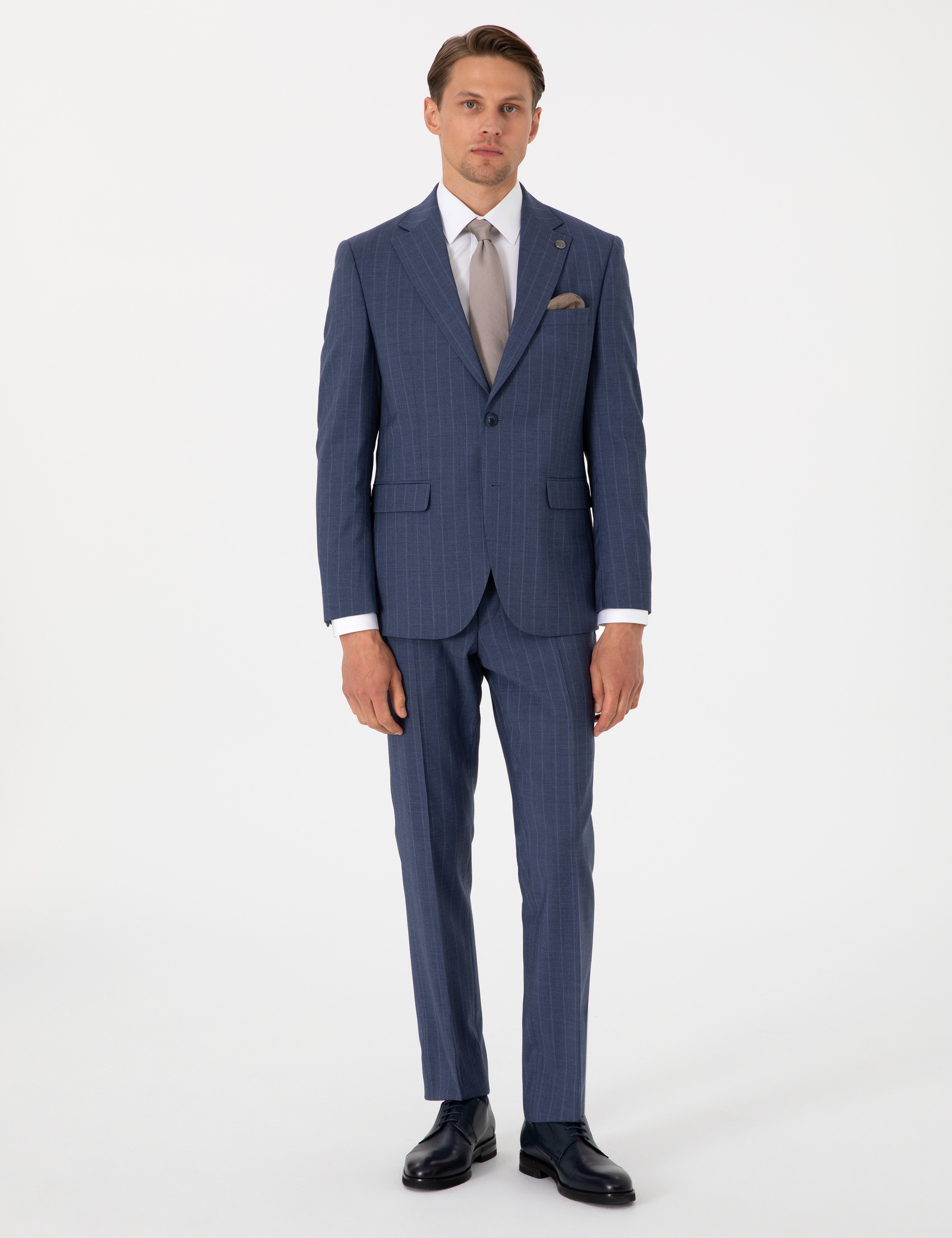 Koyu Mavi Slim Fit Çizgili Yün Takım Elbise - Image 1
