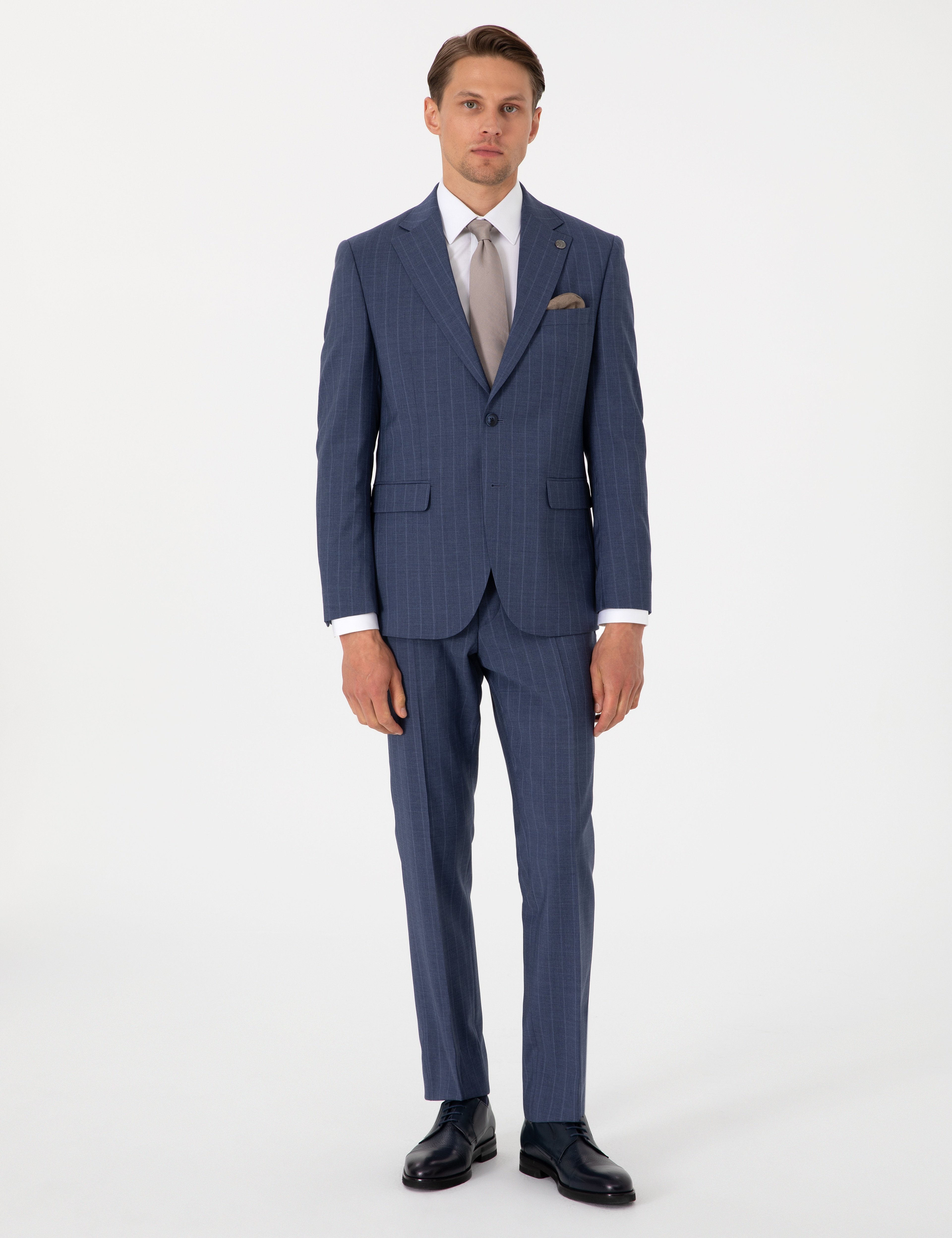 Koyu Mavi Slim Fit Çizgili Yün Takım Elbise