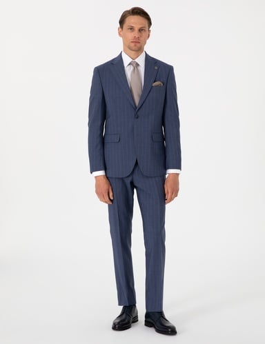 Koyu Mavi Slim Fit Çizgili Yün Takım Elbise