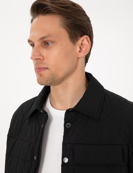 Siyah Gömlek Yaka Kapitone Mont - 50305698004