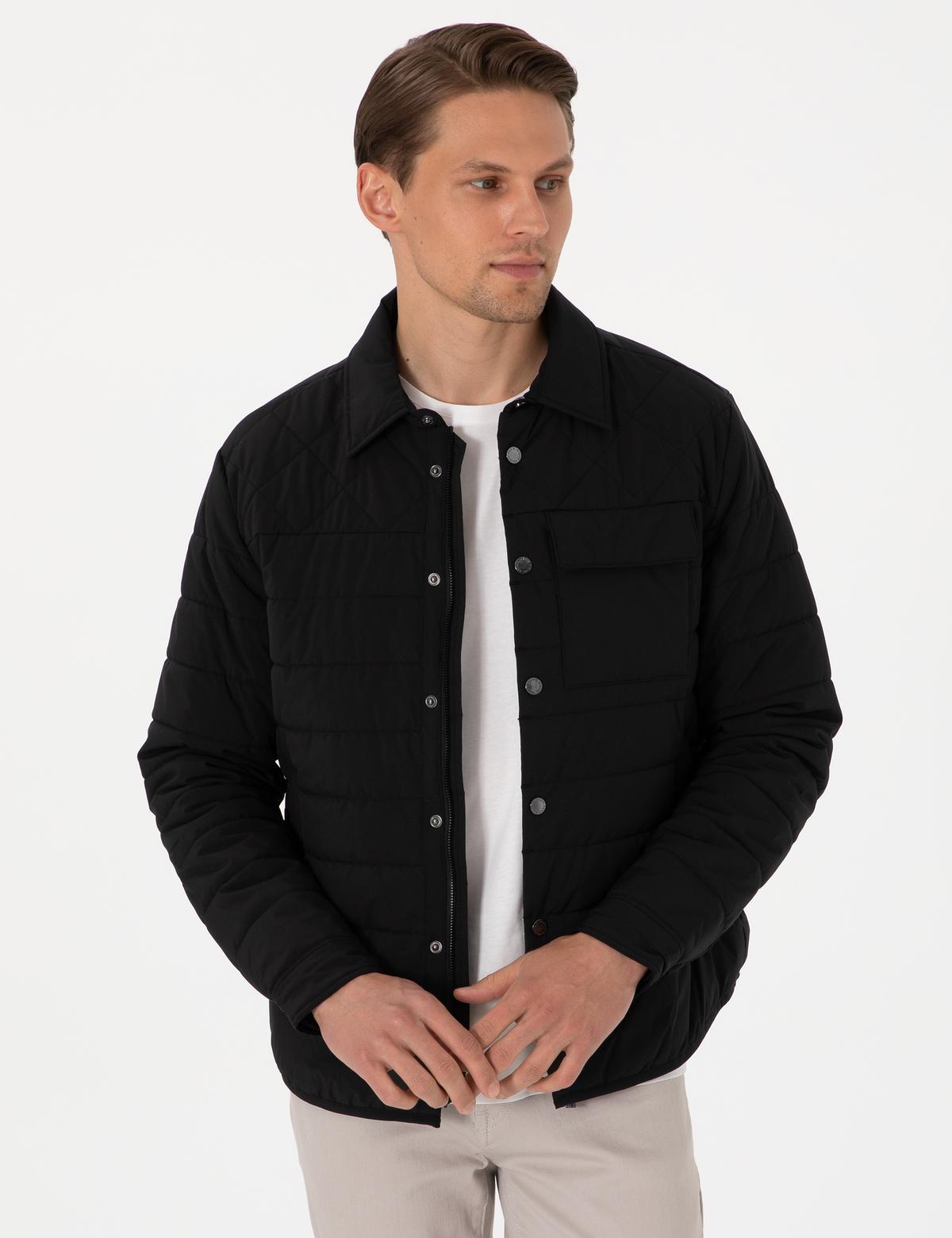 Siyah Gömlek Yaka Kapitone Mont - 50305698004